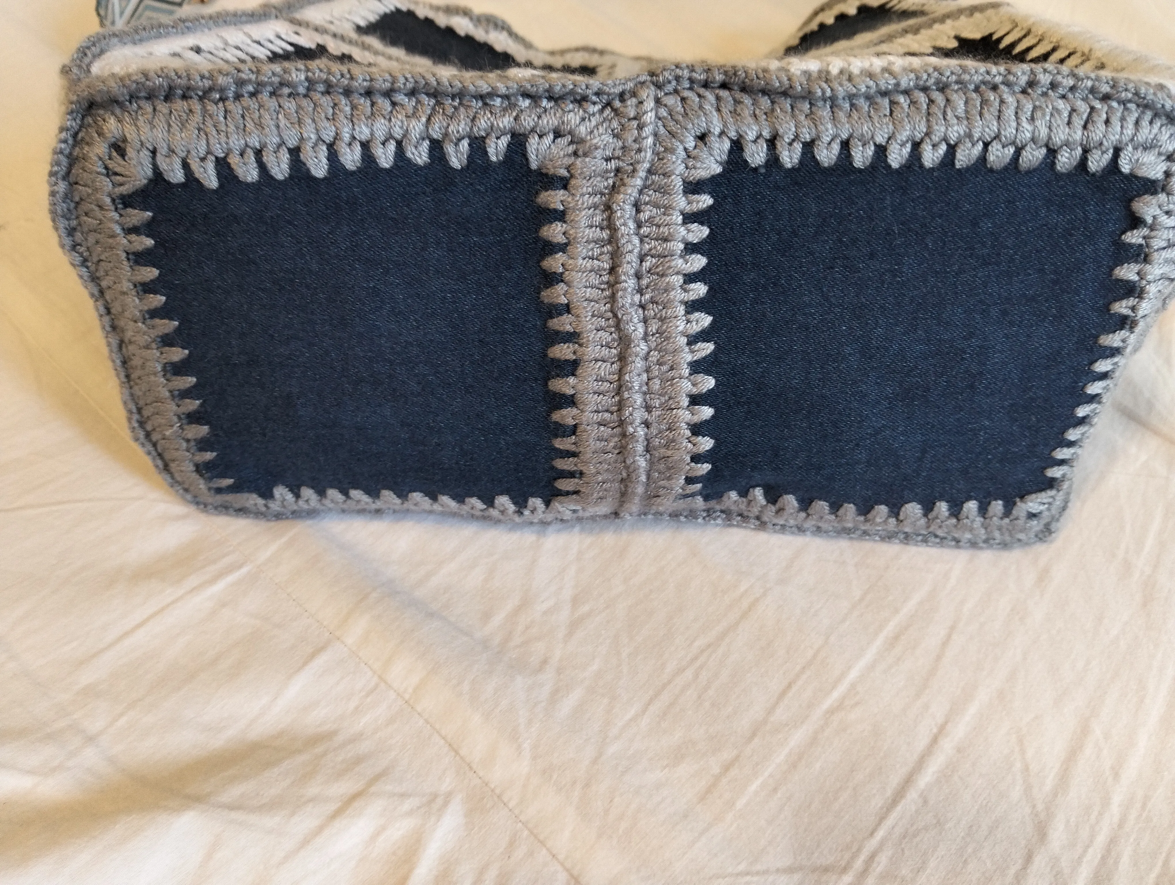 Square Patterned Denim and Knitted Detailed Shoulder Bag
