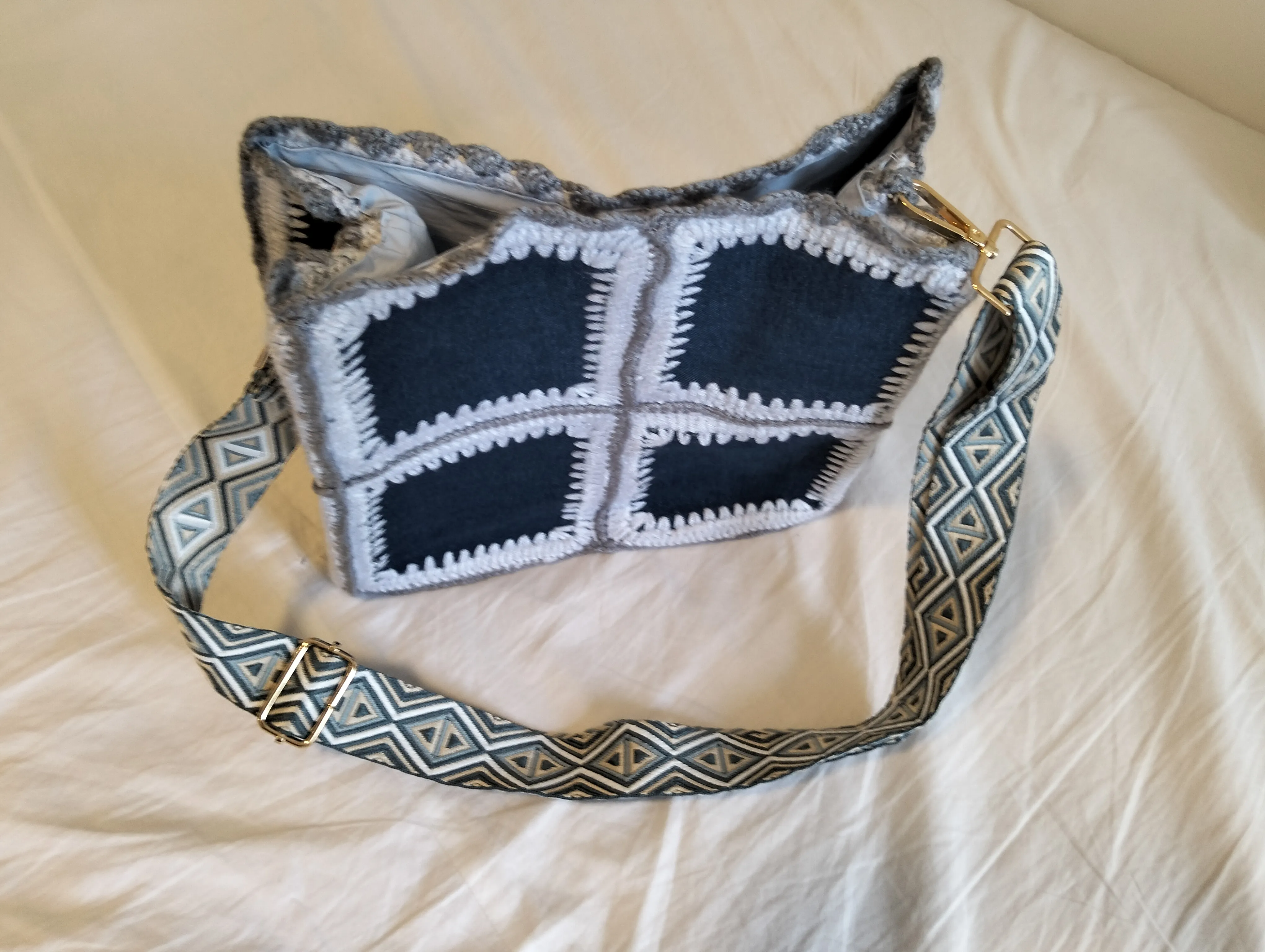 Square Patterned Denim and Knitted Detailed Shoulder Bag