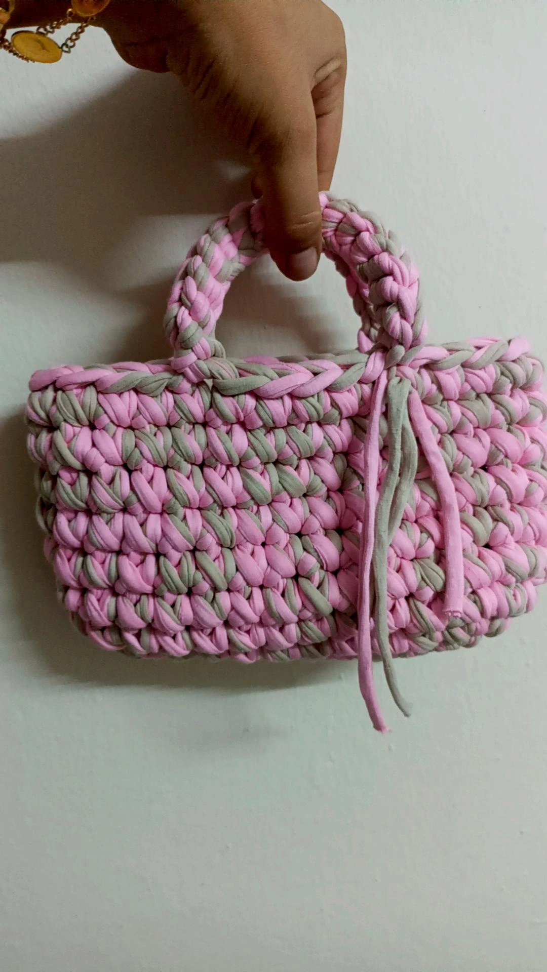 Pembe Örgü Baget Kadın El Çantası - Gri Detaylı, El Emeği