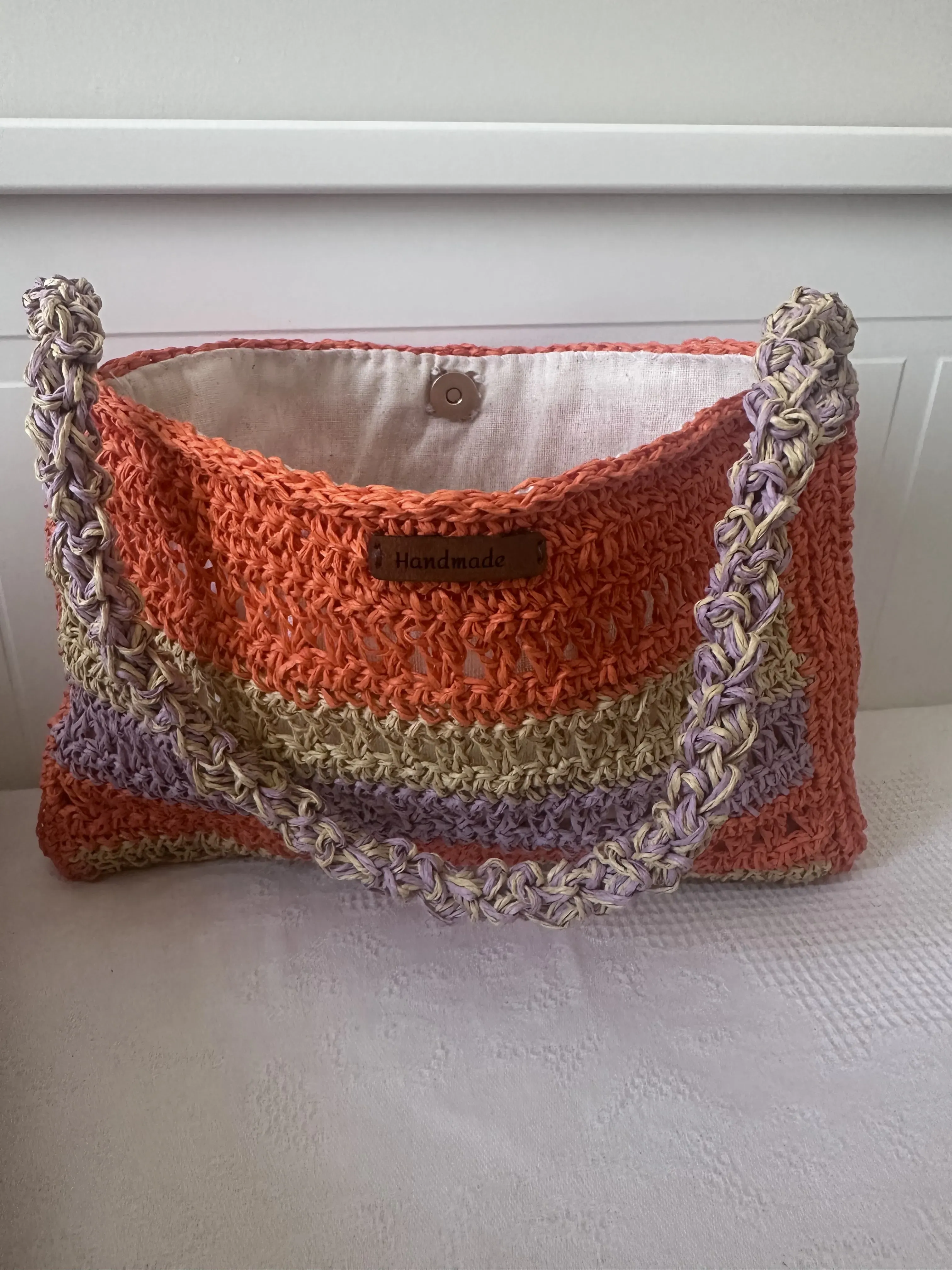 Hand-Knitted Straw Look Bag – Summer, Lined and Comfortable Use