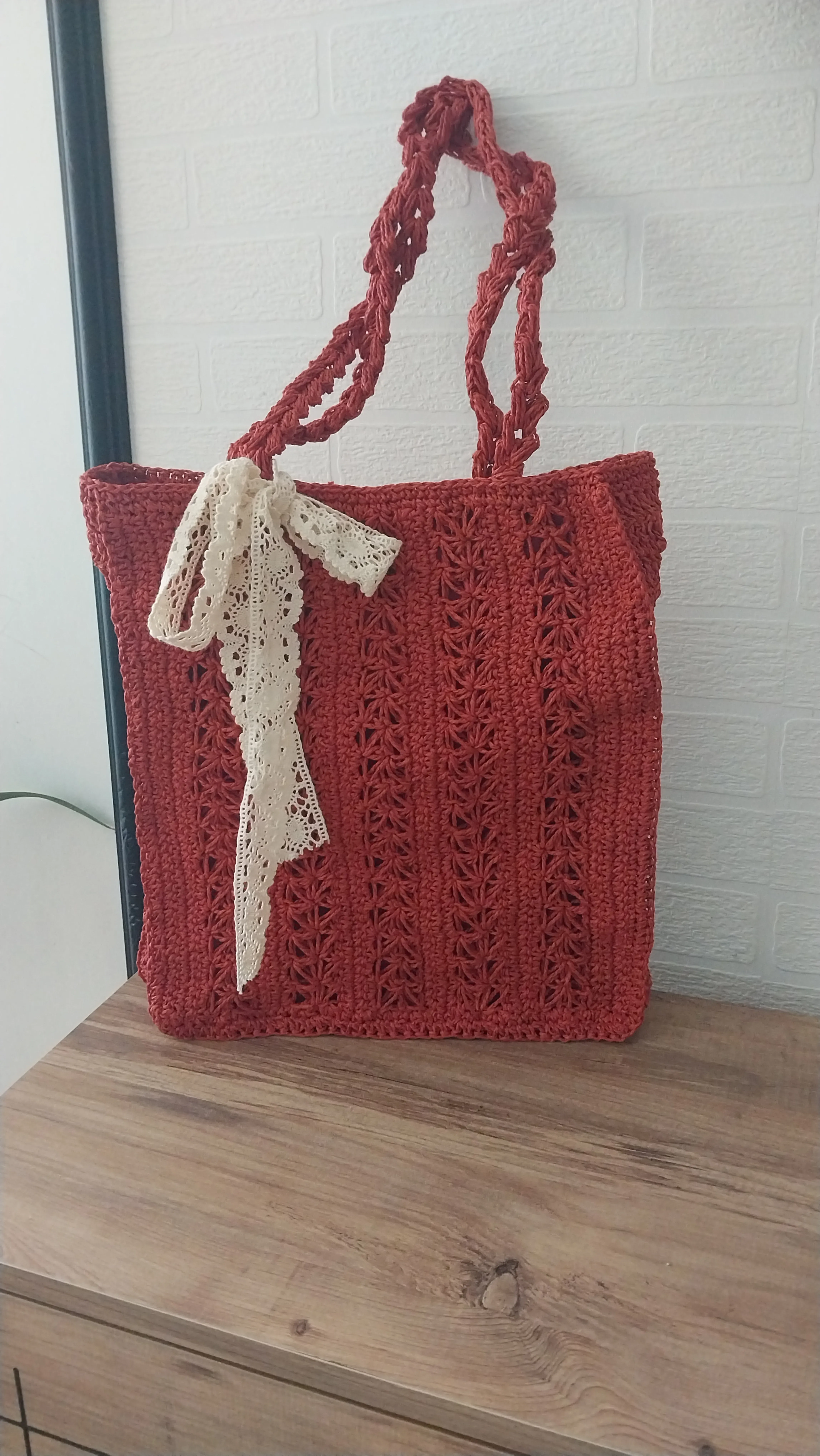 Red Paper Yarn Hand Knitted Bag – Handmade