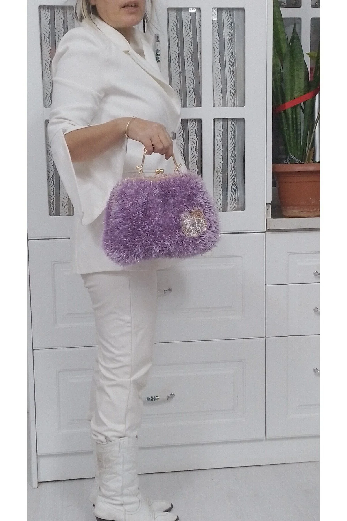 Yumoş Pırlantalı ipli Demir Altın Kaplama Saplı Potfoy Abiye Çanta