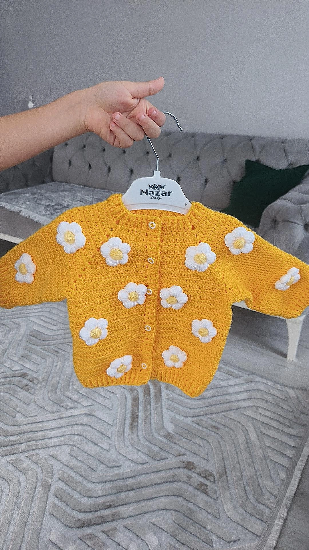 Yellow Colored Hand Knitted Baby Cardigan - White Daisy Flower Model
