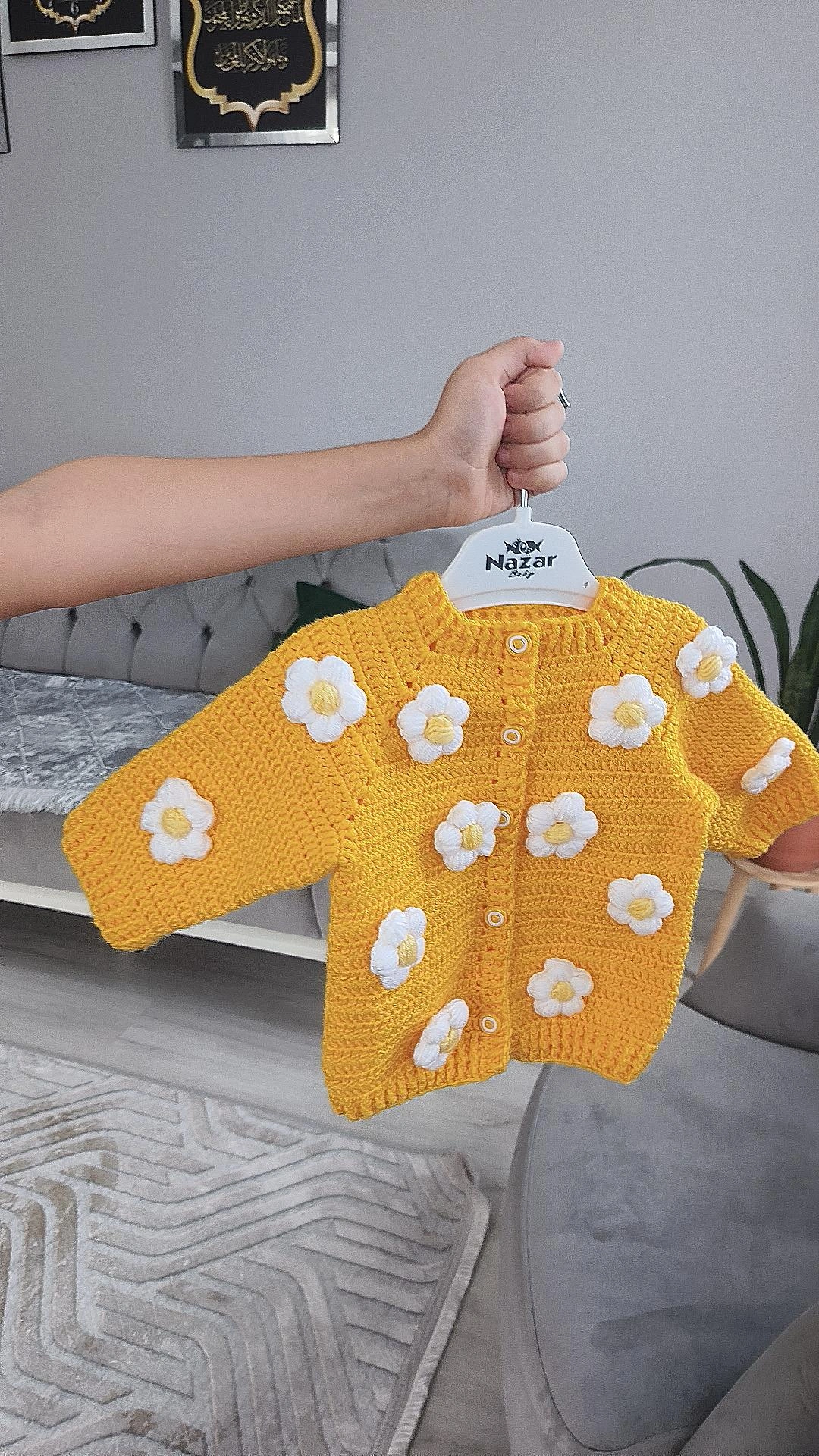 Yellow Colored Hand Knitted Baby Cardigan - White Daisy Flower Model
