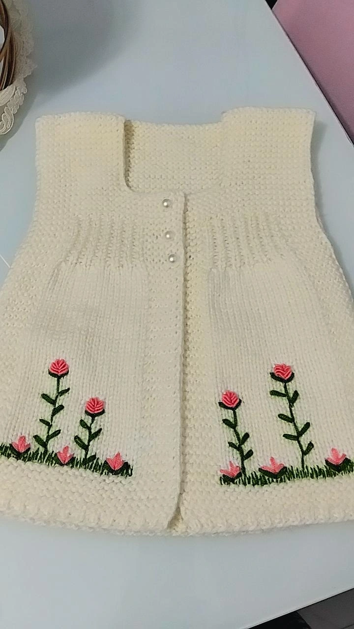 Cream Colored, Embroidered Knitted Girl's Vest (1-2 Years) - Handmade