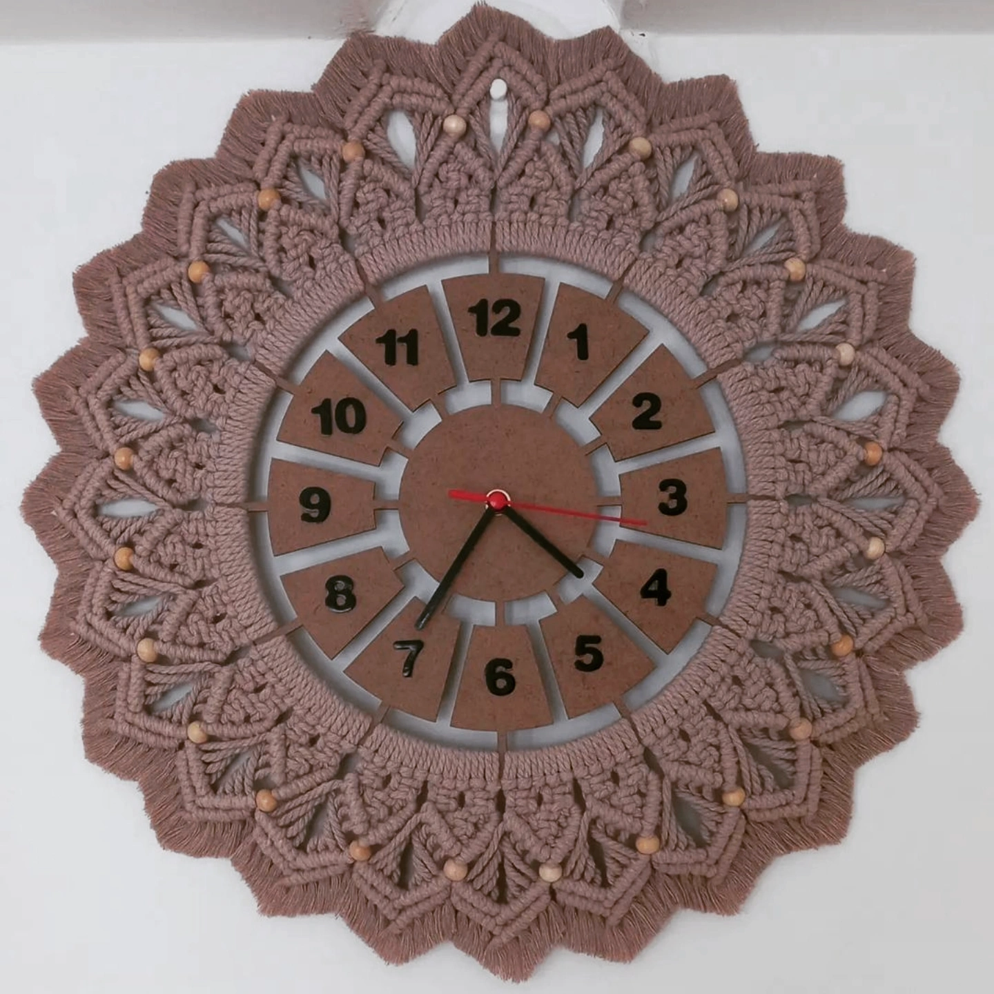 Brown Macrame Wall Clock - With Wooden Details and Handmade