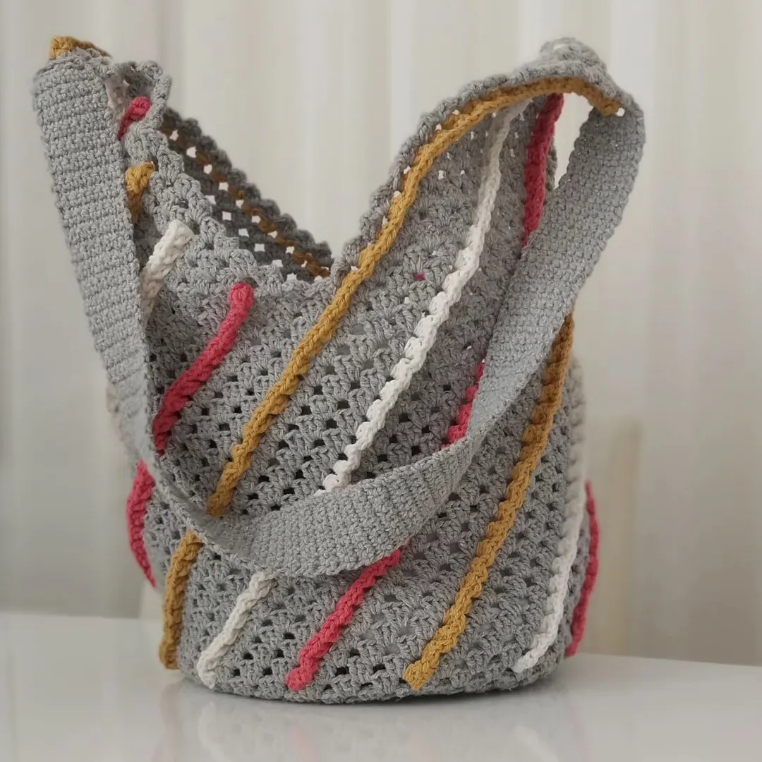 Gray Knit Beach Bag - Lined, Colorful Detailed, Summer Style