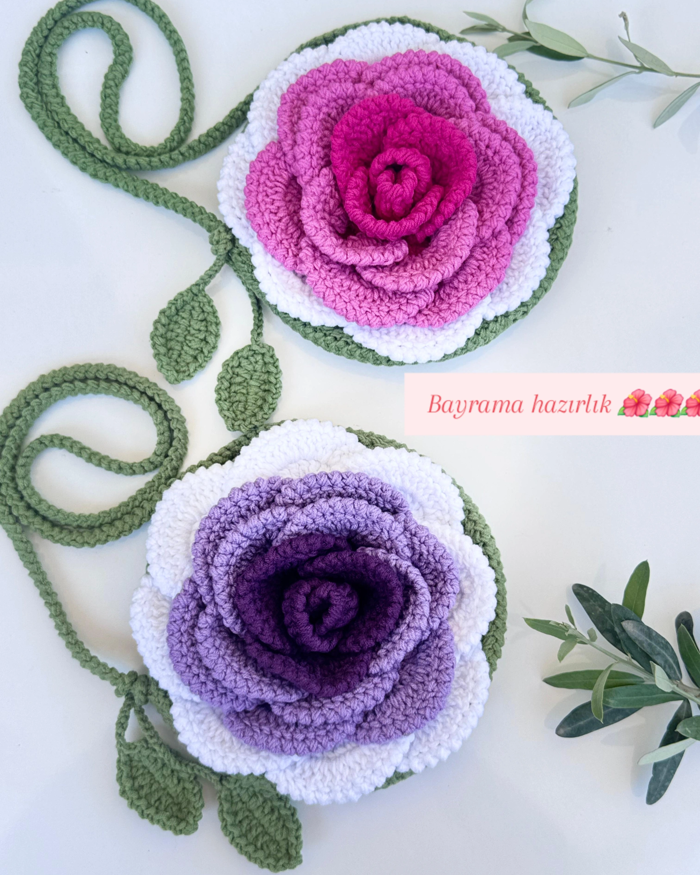 Örgü Mor Gül Çanta - El Emeği Tığ İşi Tasarım Omuz Çantası