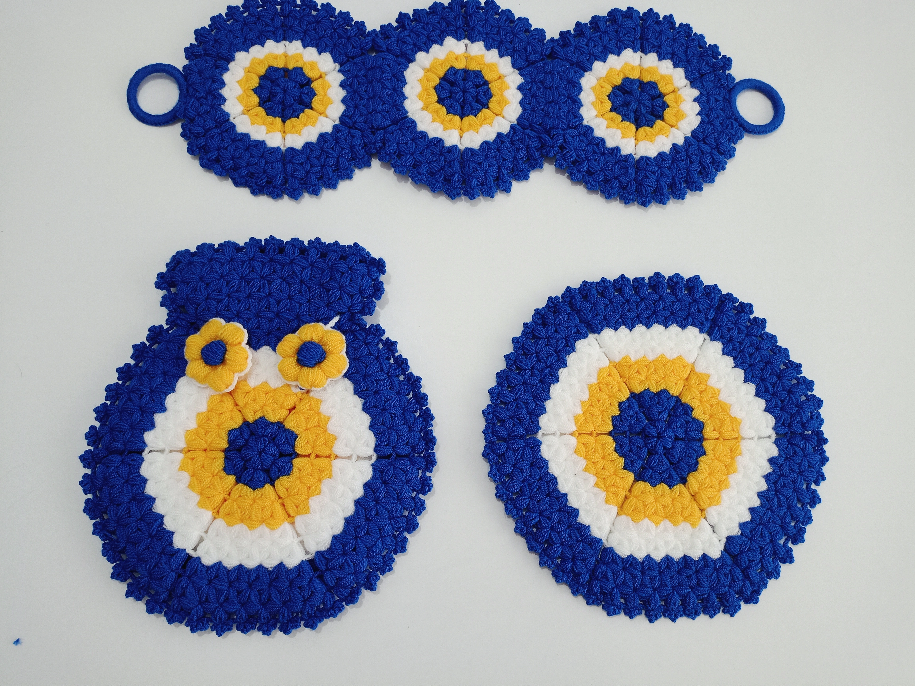 Blue Evil Eye Patterned Knitted Bath Fiber Dowry Set (3 Pieces)