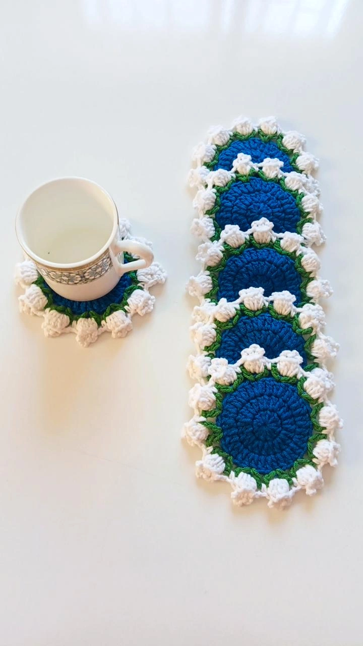 Blue and White Crochet Coaster Set (6 Pieces) - Handmade