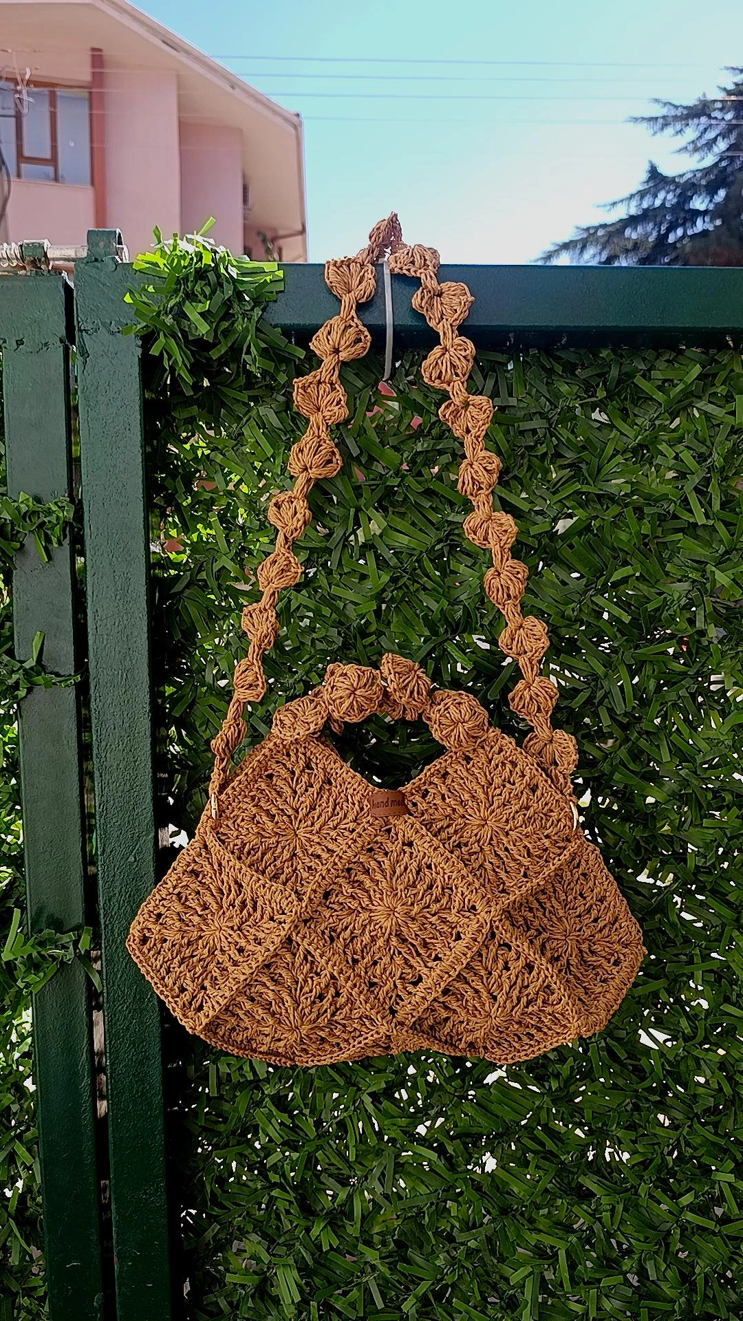 Brown Woven Straw Shoulder Bag - Geometric Patterned and Lined