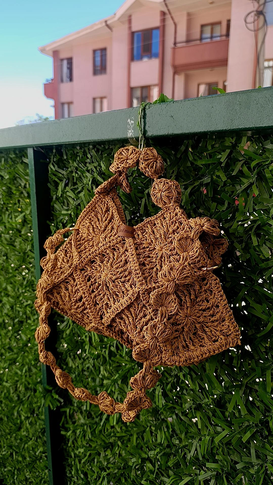 Brown Woven Straw Shoulder Bag - Geometric Patterned and Lined