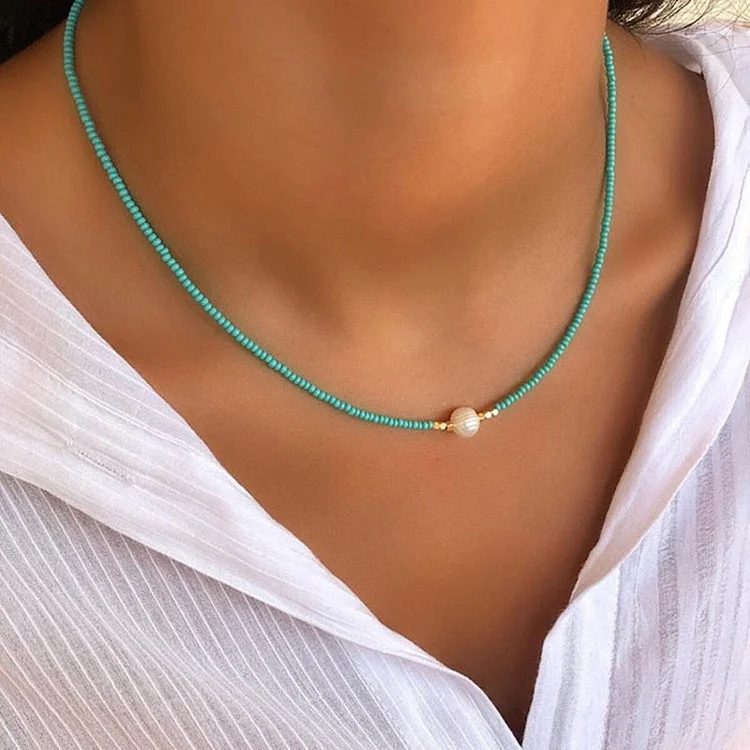 Red Sand Bead Pearl Detailed Necklace - Minimalist Design