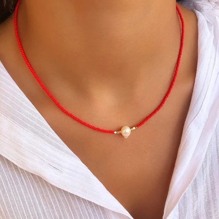 Red Sand Bead Pearl Detailed Necklace - Minimalist Design