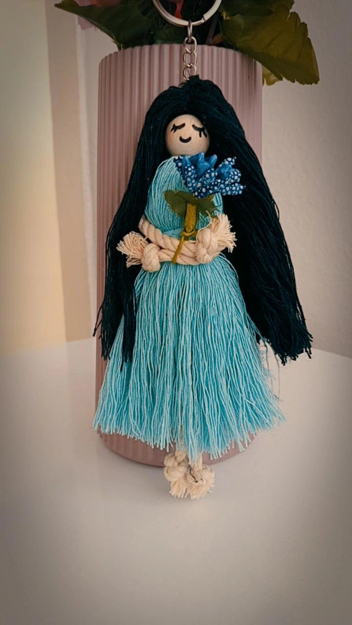 Macrame Baby Keychain - Black Hair, Turquoise Dress, Handmade