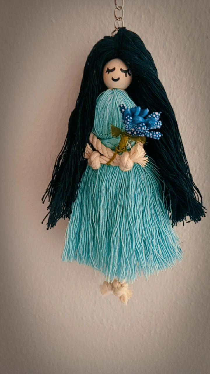 Macrame Baby Keychain - Black Hair, Turquoise Dress, Handmade
