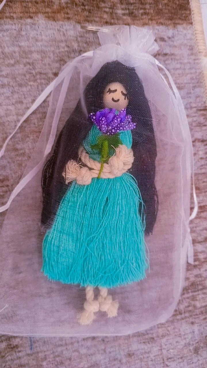 Macrame Baby Keychain - Black Hair, Turquoise Dress, Handmade