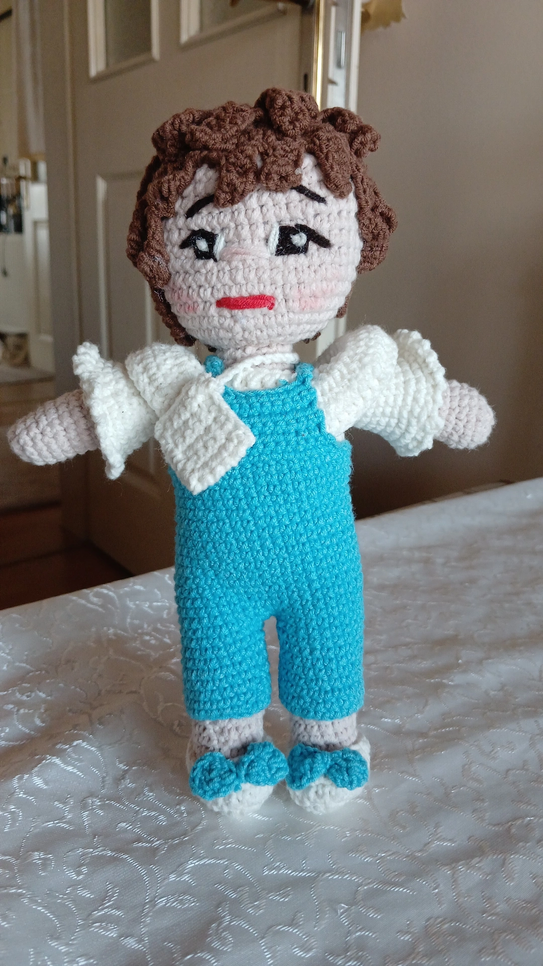 Blue Jumpsuit Knitted Toy Doll - Amigurumi Doll - Handmade