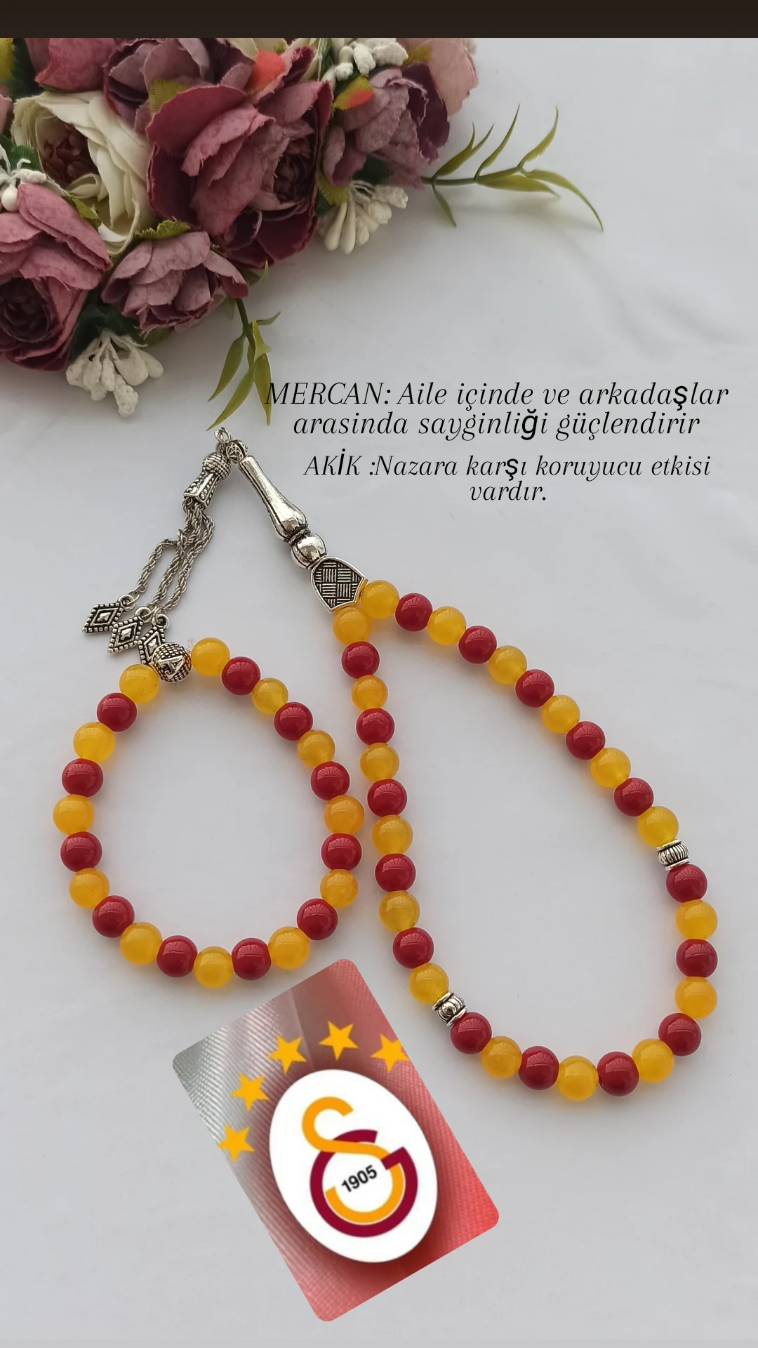 Galatasaray Fan Themed Natural Stone Rosary and Bracelet Set