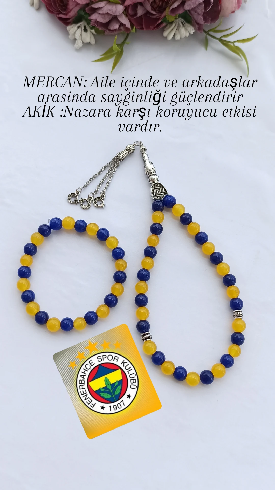 Navy Blue and Yellow Natural Stone Rosary and Bracelet Set - Fan Gift