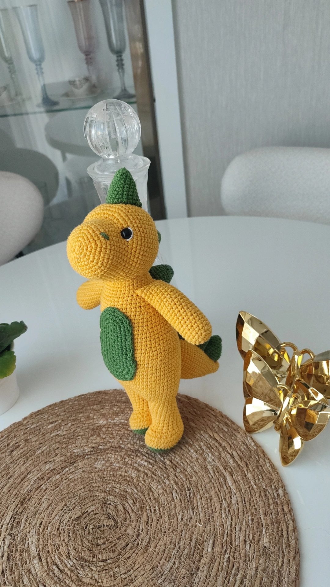 Sarı ve Yeşil Amigurumi Dinozor Oyuncak - Organik İplerle El Yapımı