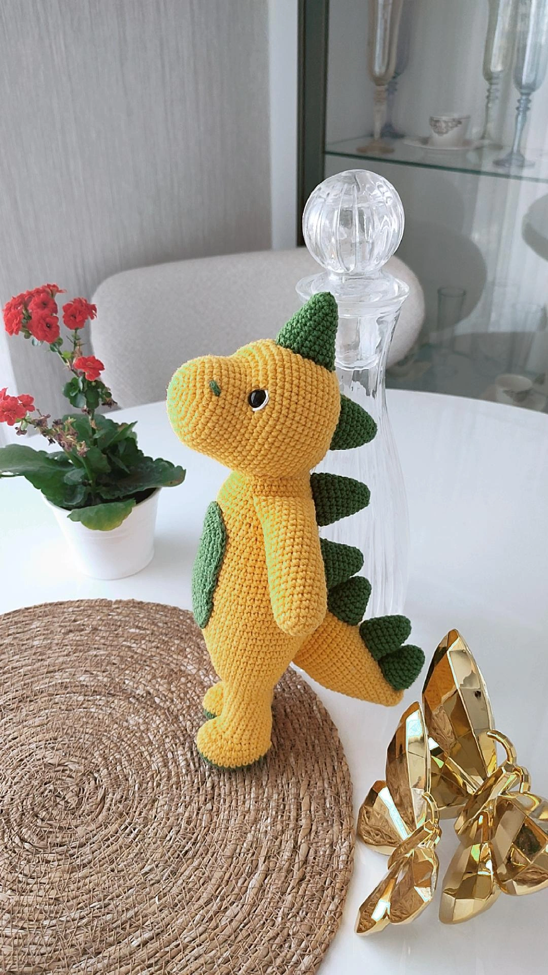 Sarı ve Yeşil Amigurumi Dinozor Oyuncak - Antibakteriyel İplikten Örme