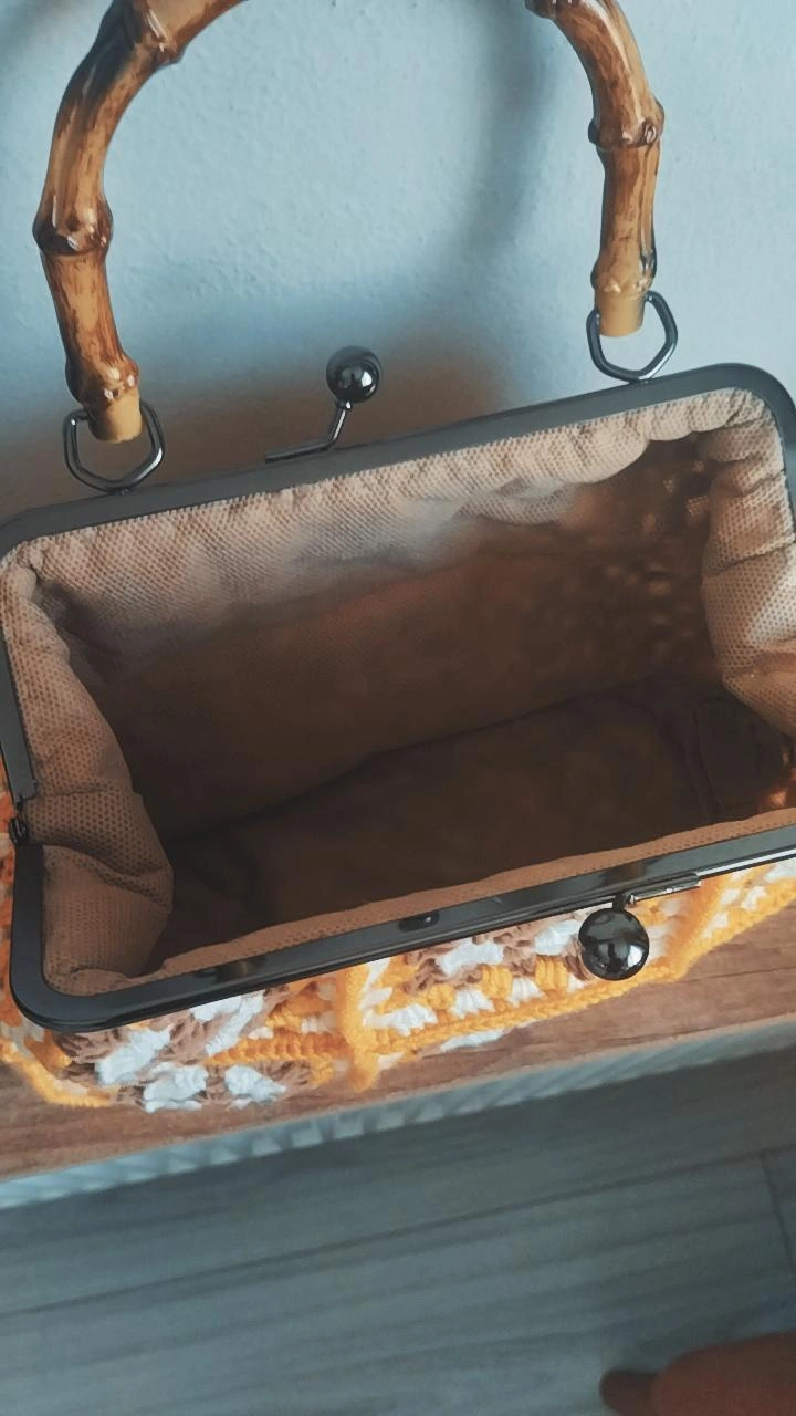 Örgü Motifli Vintage Çanta - Sarı, Kahverengi ve Beyaz Renkli