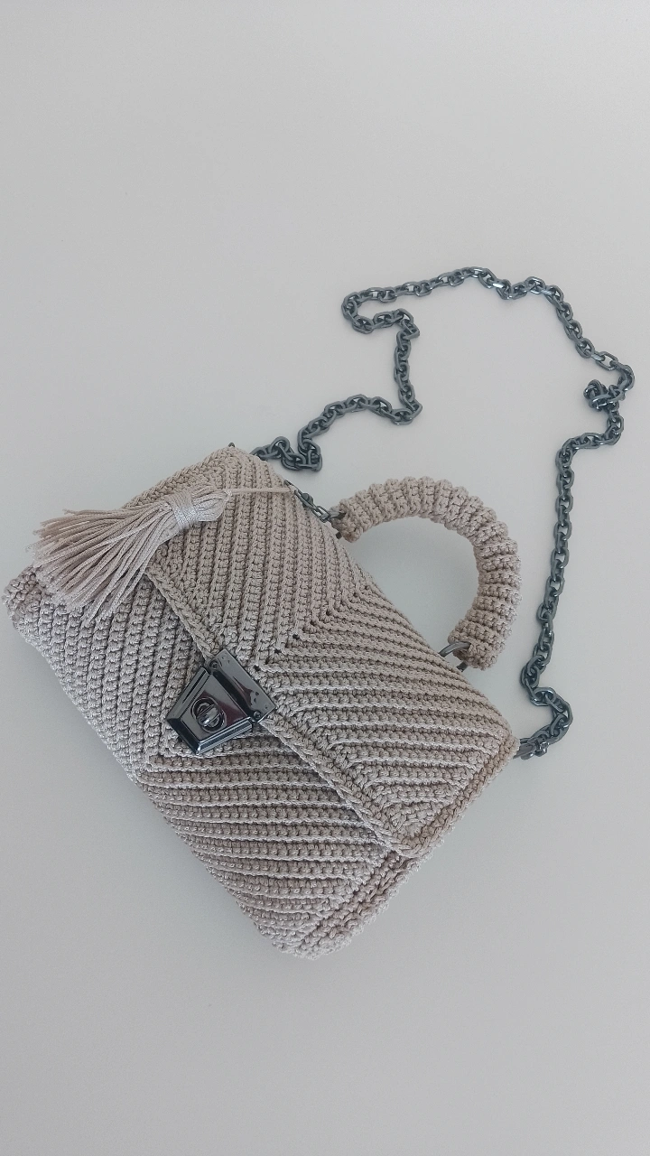 Bej Renkli Makrome Örgü Zincir Askılı Omuz Çantası - El Emeği