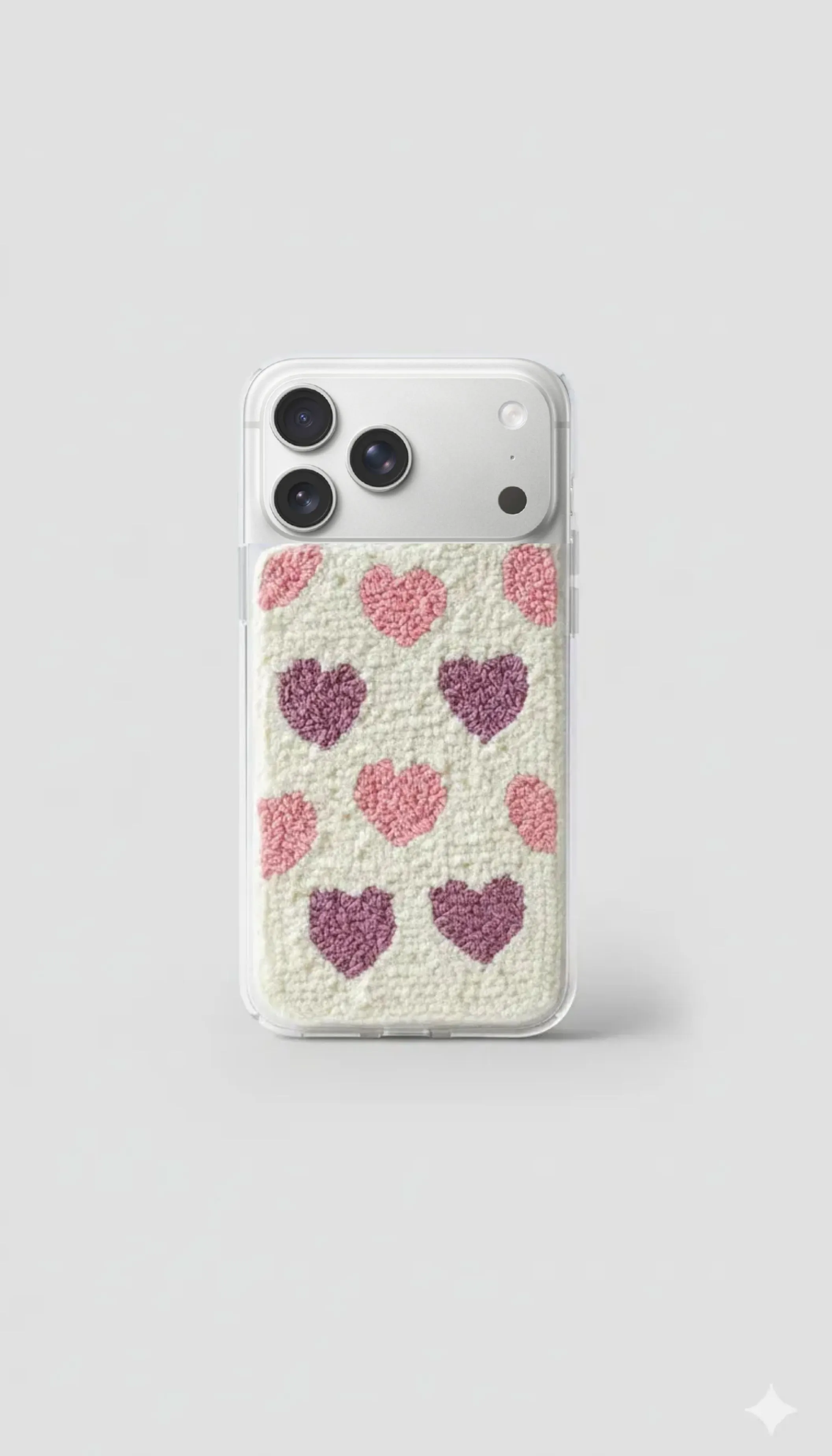 iPhone 17 Pro Uyumlu El Yapımı Punch Nakışı Mor Pembe Kalp Kılıf