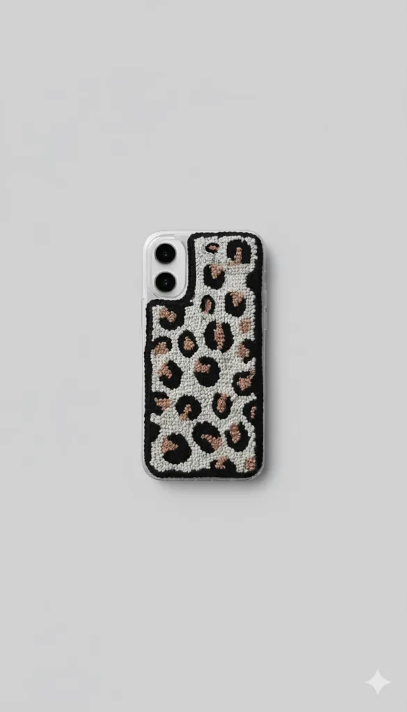 iPhone 16 Plus Uyumlu El Emeği Leopar Desenli Punch İşlemeli Telefon Kılıfı