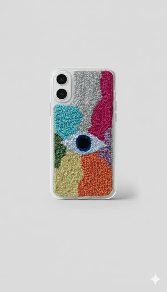 iPhone 16 Plus Uyumlu El Yapımı Punch Nakış Göz Desenli Telefon Kılıfı