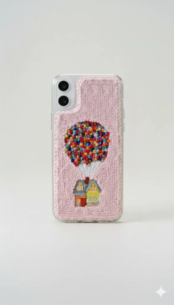 iPhone 16 Plus Uyumlu Pembe Punch Nakışlı Up Desenli Telefon Kılıfı