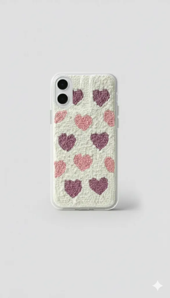 iPhone 16 Plus Uyumlu El Yapımı Punch Nakışı Mor Pembe Kalp Kılıf