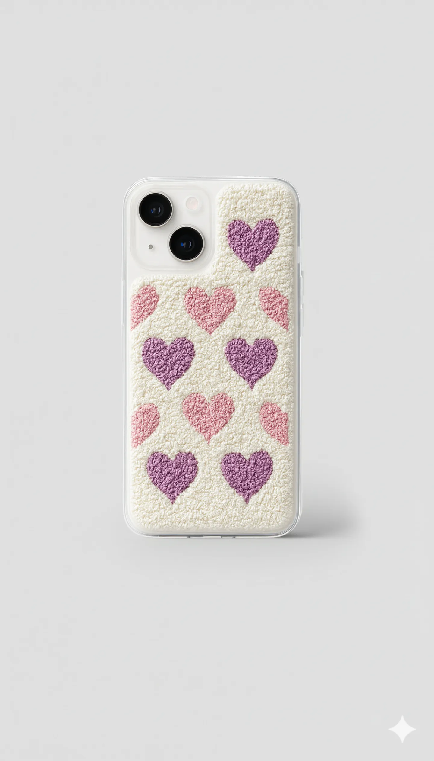 iPhone 15 Plus Uyumlu  Punch Nakış Mor ve Pembe Kalp Desenli Telefon Kılıfı