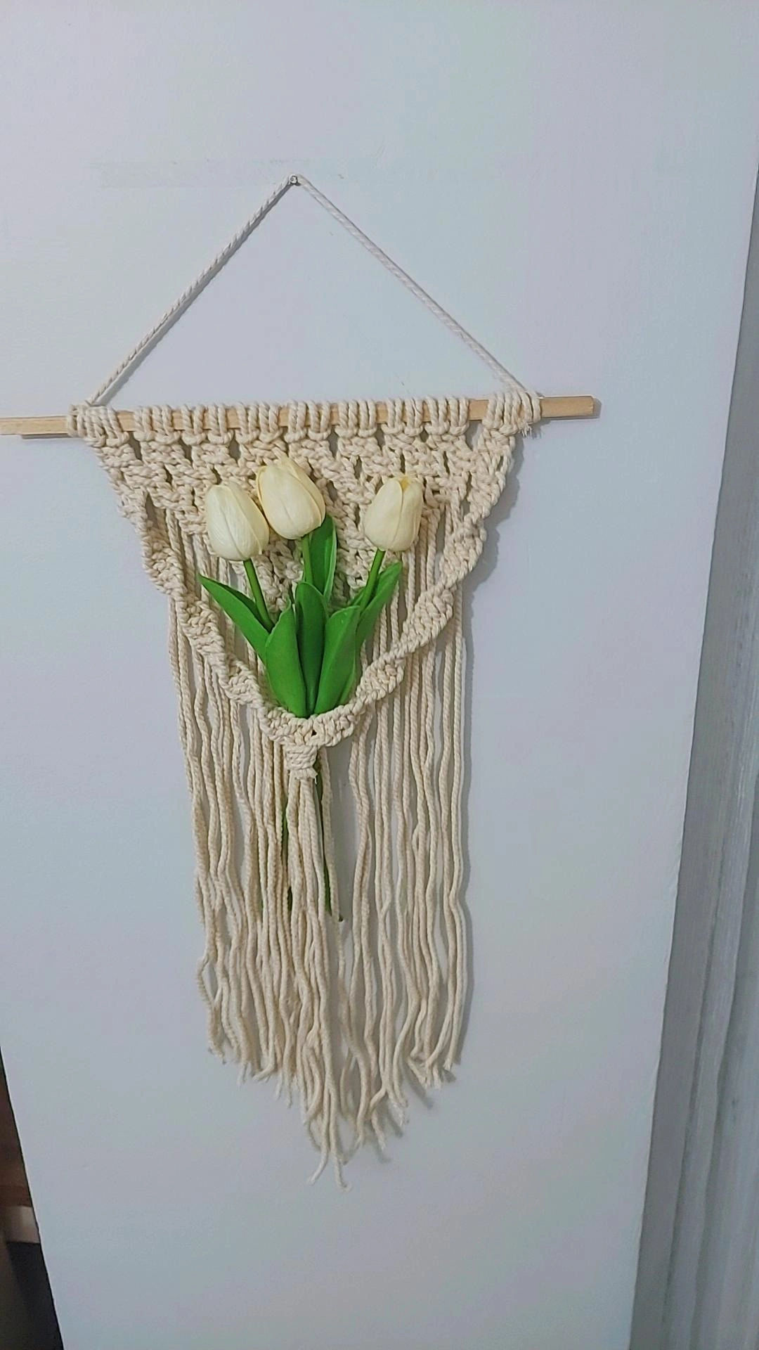 Cream Color Macrame Wall Hanging with Tulip Flower Decoration - Handmade