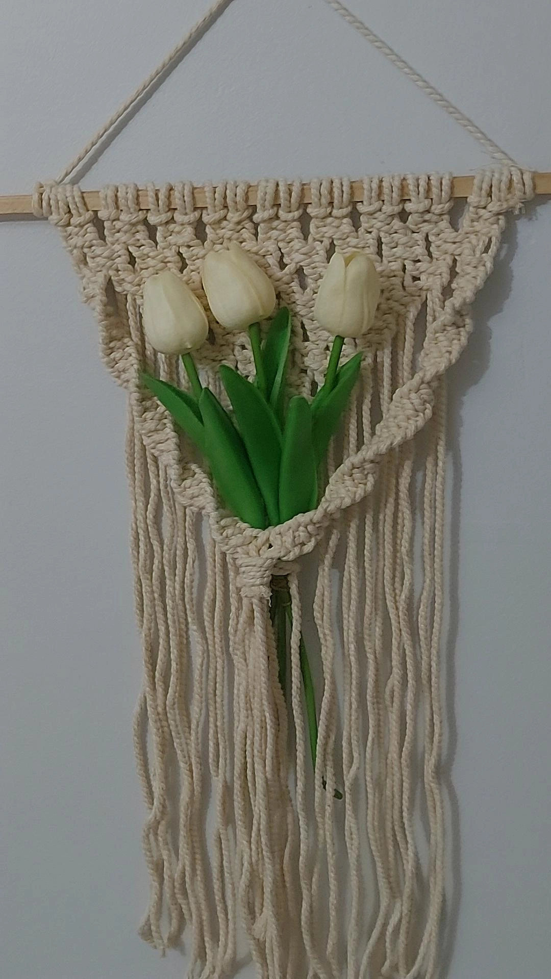 Cream Color Macrame Wall Hanging with Tulip Flower Decoration - Handmade