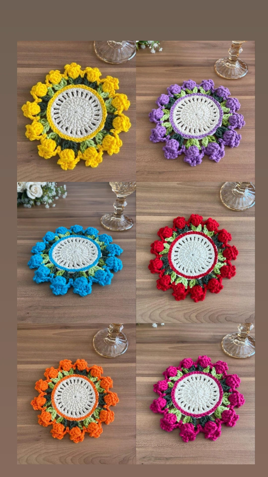 Renkli Çiçek Desenli Örgü Bardak Altlığı Seti - El Emeği