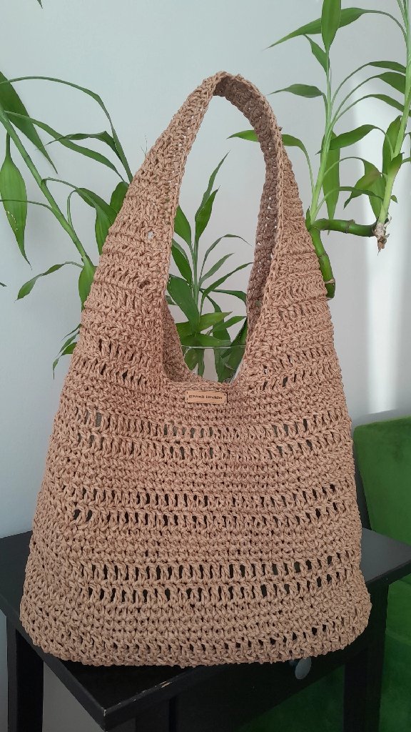 Kahverengi Heybe Model Kağıt İp Örgü Plaj Çantası - El Emeği