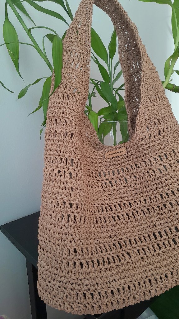 Kahverengi Heybe Model Kağıt İp Örgü Plaj Çantası - El Emeği