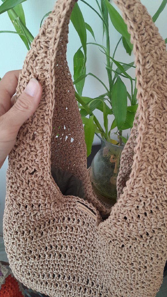 Kahverengi Heybe Model Kağıt İp Örgü Plaj Çantası - El Emeği