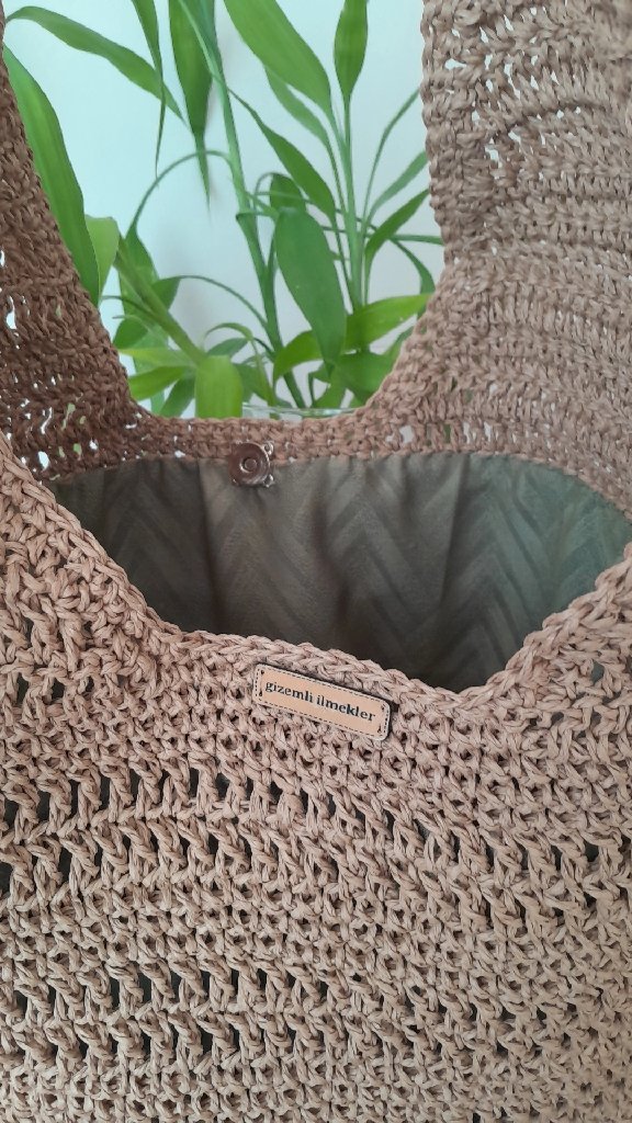 Kahverengi Heybe Model Kağıt İp Örgü Plaj Çantası - El Emeği