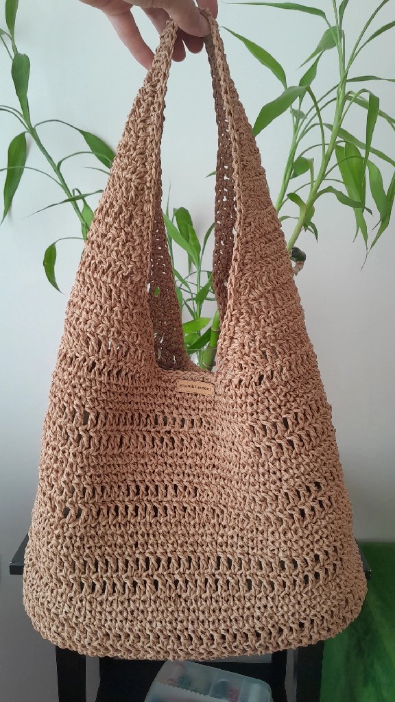 Kahverengi Heybe Model Kağıt İp Örgü Plaj Çantası - El Emeği