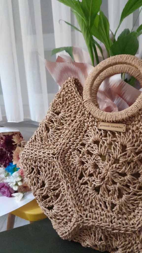 Bej Altıgen Kağıt İp Örgü Omuz Çanta - Yuvarlak Ahşap Saplı