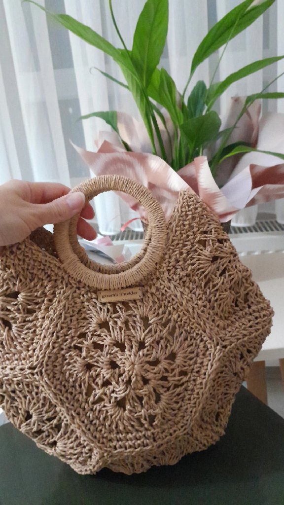 Bej Altıgen Kağıt İp Örgü Omuz Çanta - Yuvarlak Ahşap Saplı