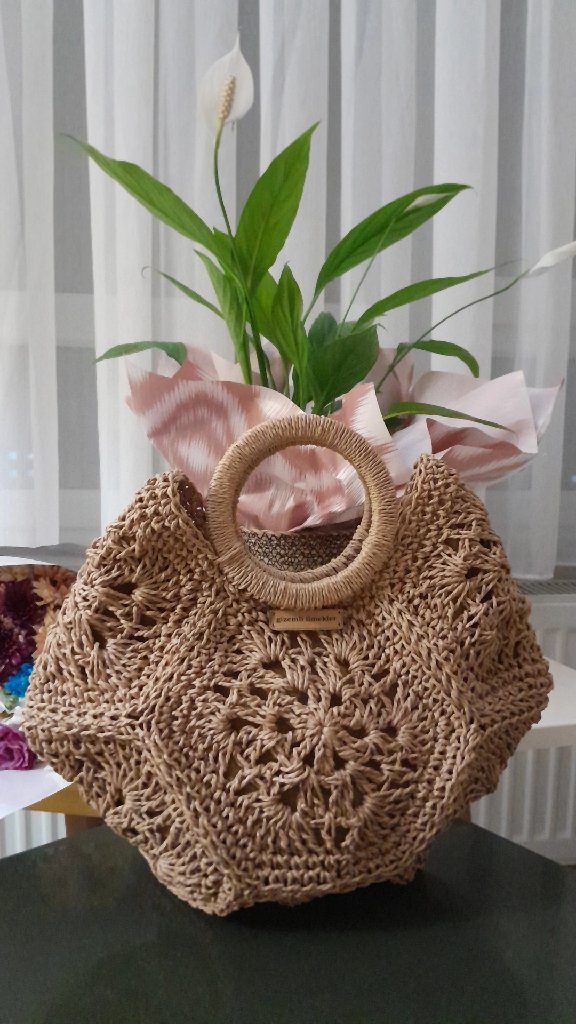 Bej Altıgen Kağıt İp Örgü Omuz Çanta - Yuvarlak Ahşap Saplı