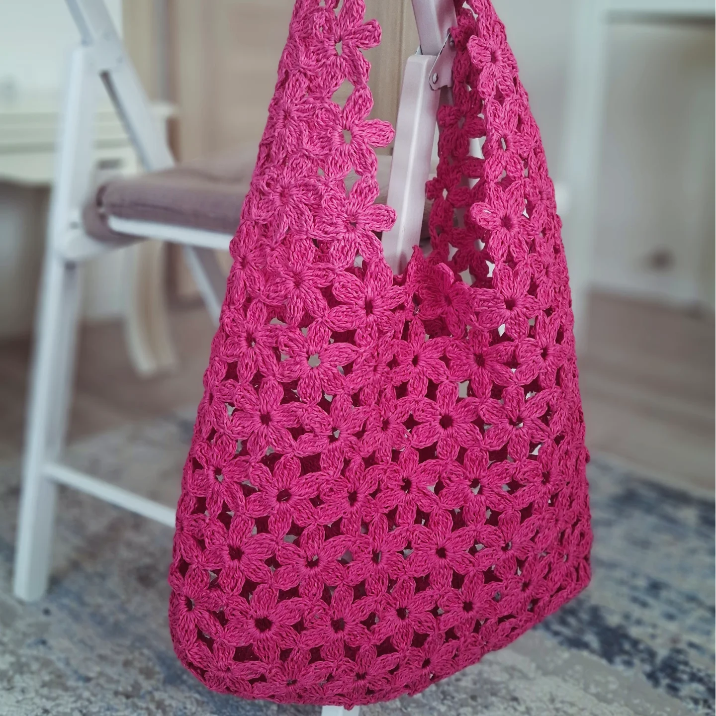 Pembe Çiçek Motifli Örgü Omuz Çantası - Büyük Boy El Emeği