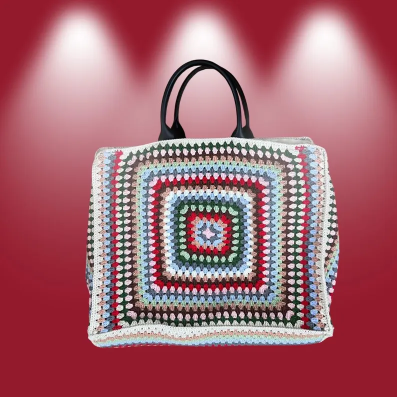 Çok Renkli Kare Motifli Örgü Bayan Omuz ve El Çantası