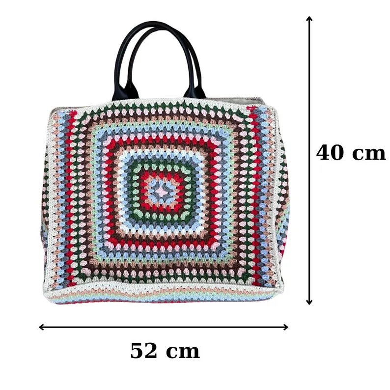 Çok Renkli Kare Motifli Örgü Bayan Omuz ve El Çantası