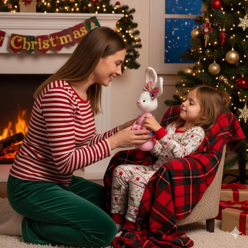 El Yapımı Amigurumi Pembe Elbiseli Tavşan – Büyük Boy Örgü Oyuncak ve Dekoratif