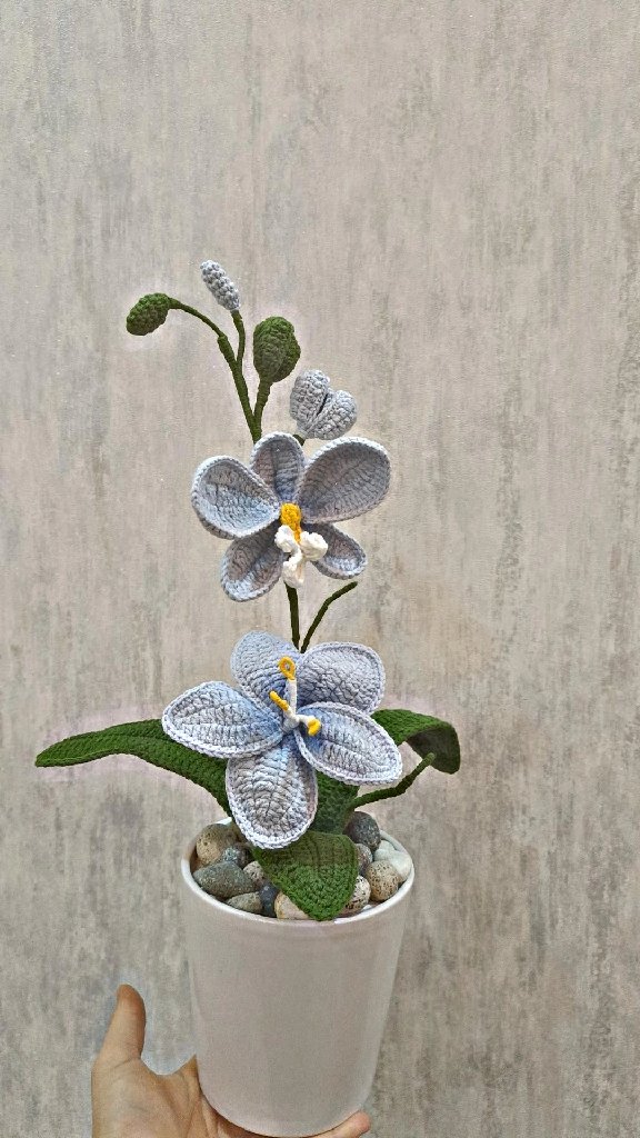Gri Tığ İşi Orkide - El Yapımı Dekoratif Ev ve Ofis Aksesuarı